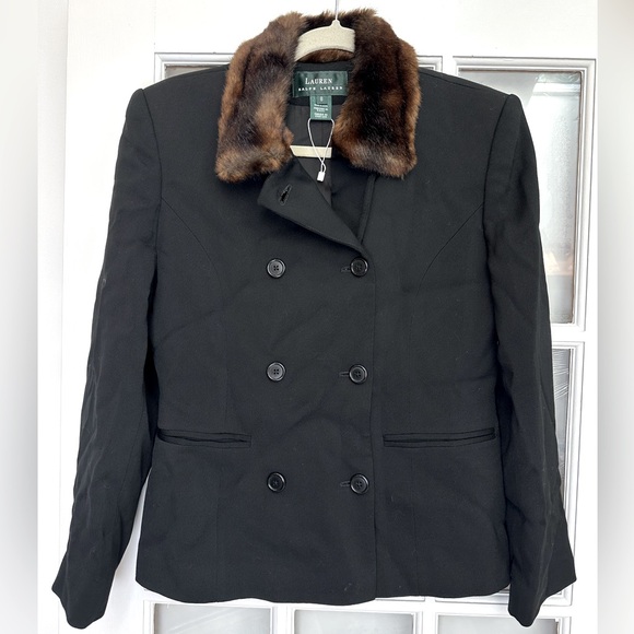 Vintage Ralph Lauren Wool Double Breasted Jacket Faux Fur Collar Size 8 Med NWT - Picture 1 of 14